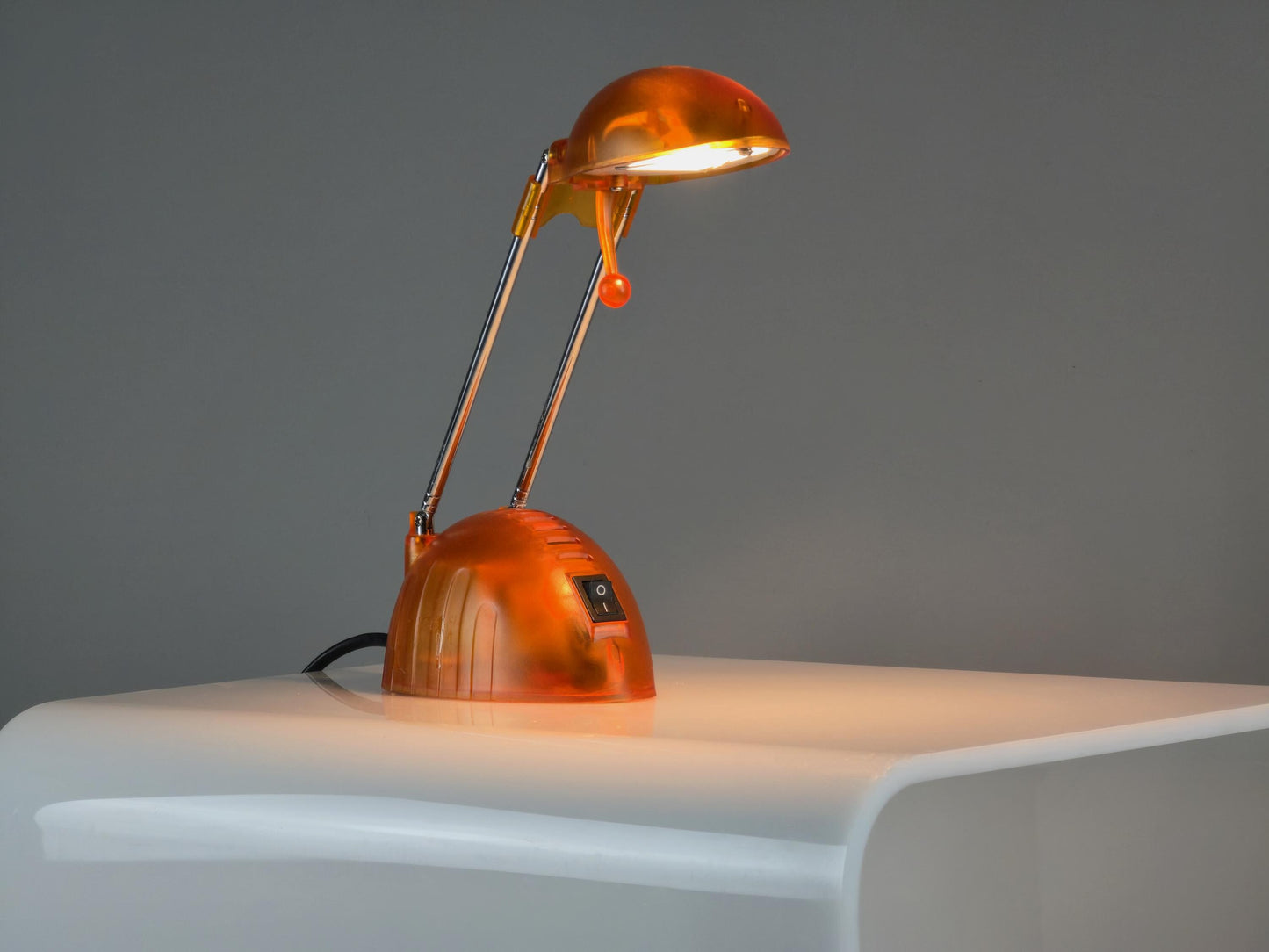 Vintage 1990s Orange Translucent Plastic Adjustable Telescopic Antenna Desk Lamp.
