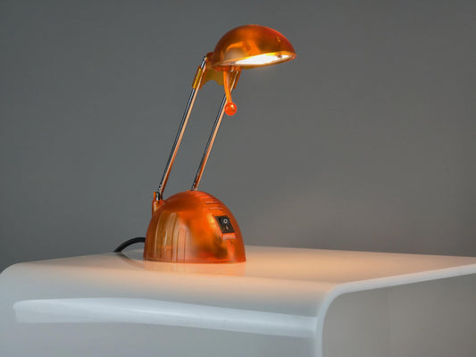 Vintage 1990s Orange Translucent Plastic Adjustable Telescopic Antenna Desk Lamp.